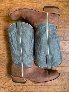Anderson Bean Brown Suede & Gray Western Boots with Teal Piping